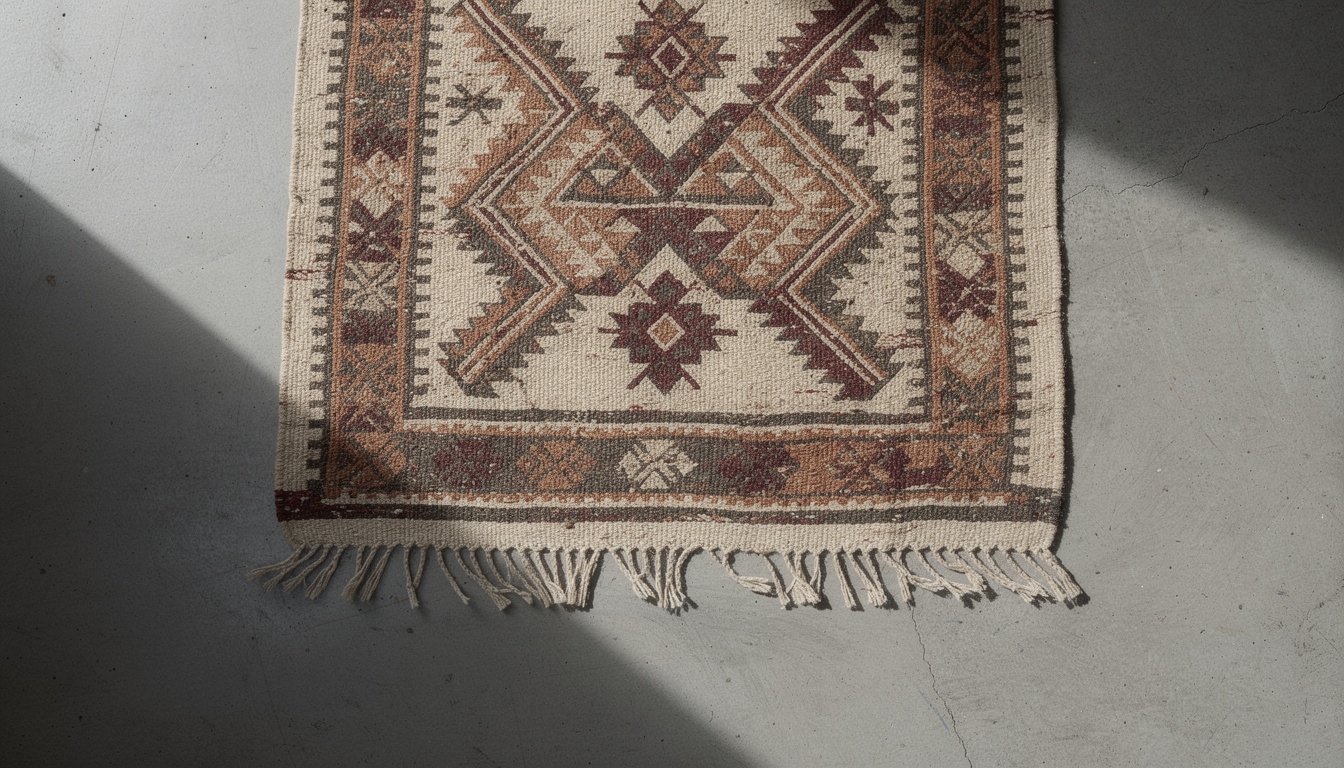 Kilim z naturalnej wełny z charakterystycznym płaskim splotem i wzorem geometrycznym